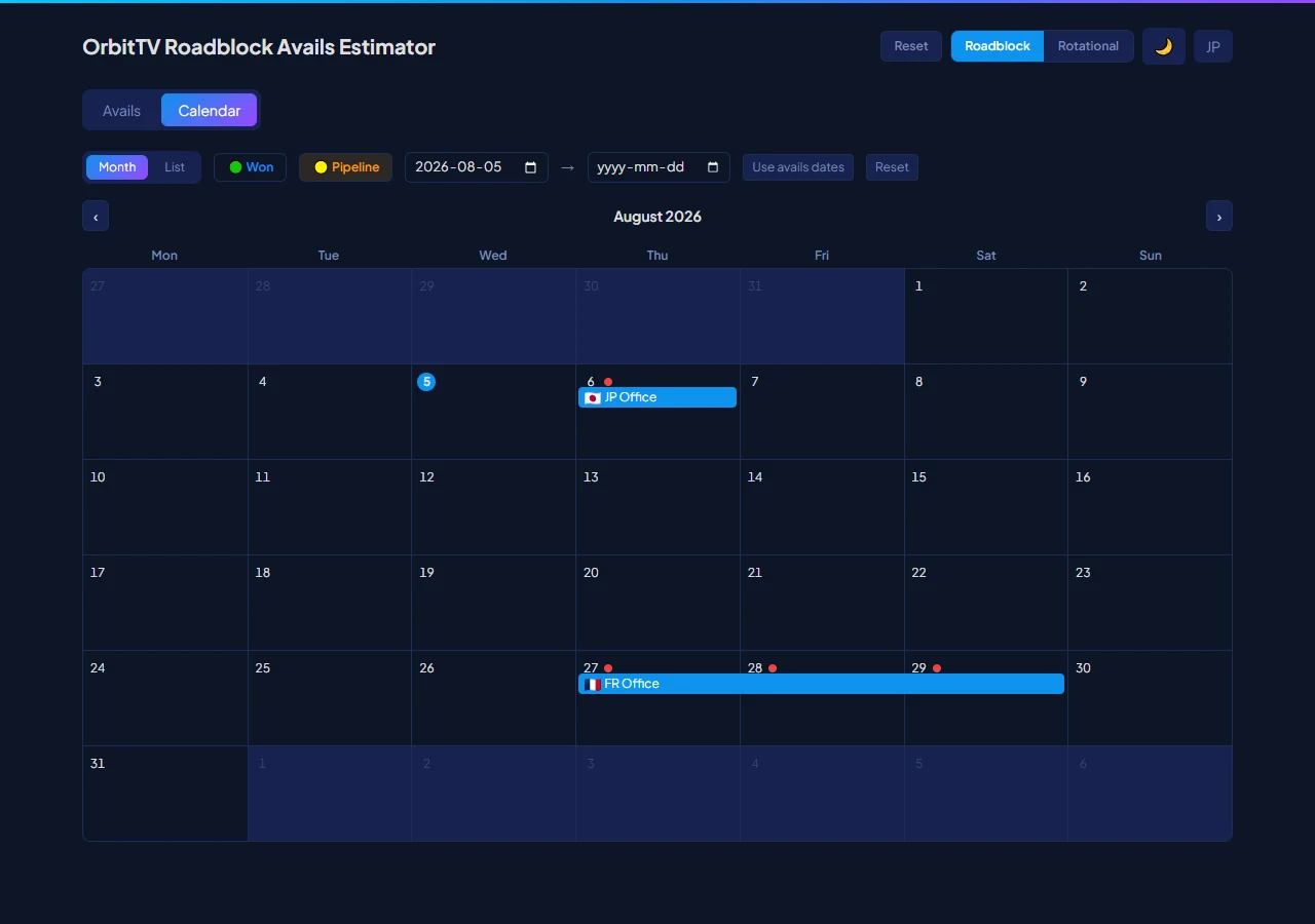 Calendar view showing existing won and pipeline bookings across the
month